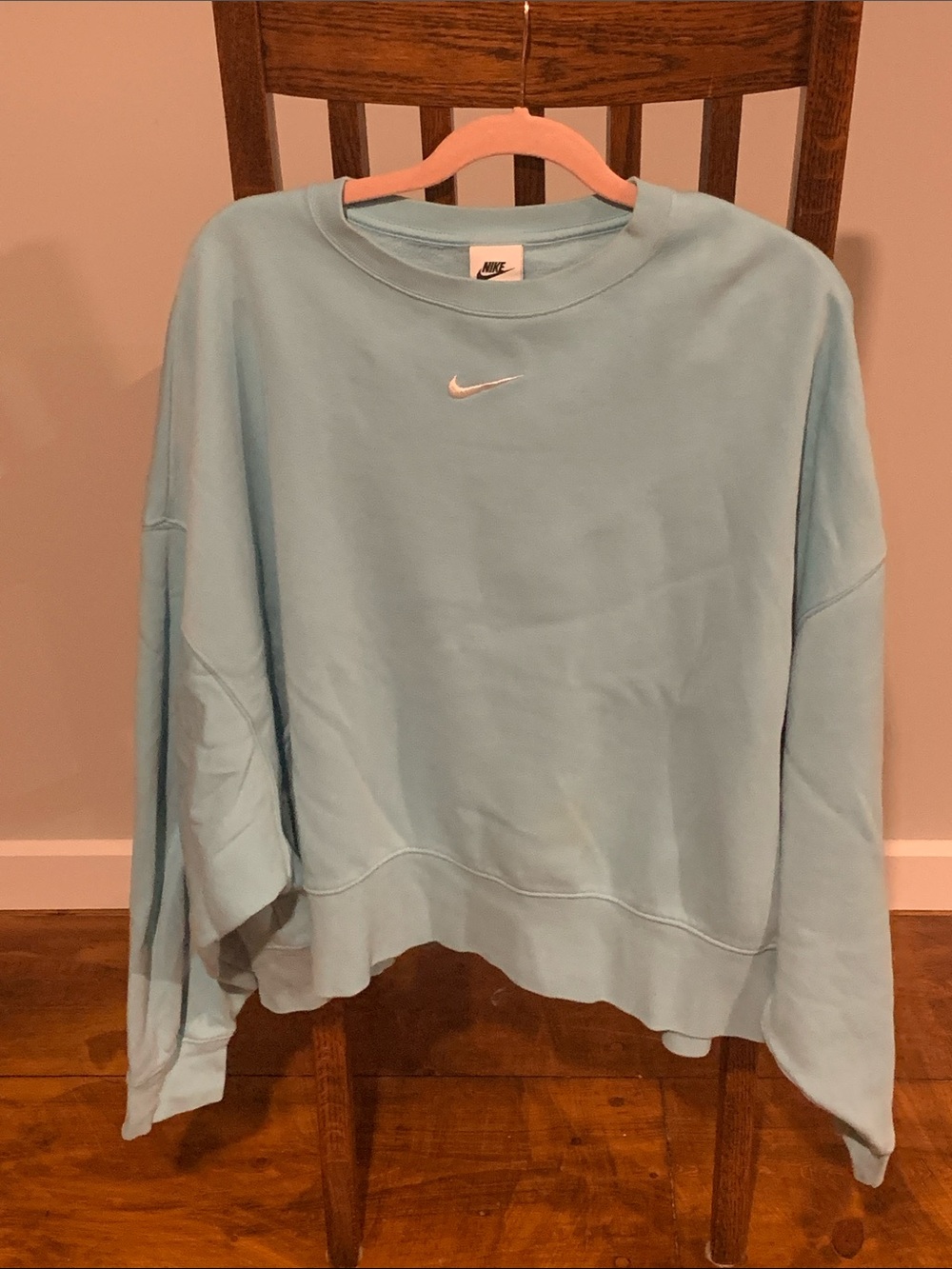 Nike Women's Light Blue Crewneck Sweatshirt with White Swoosh